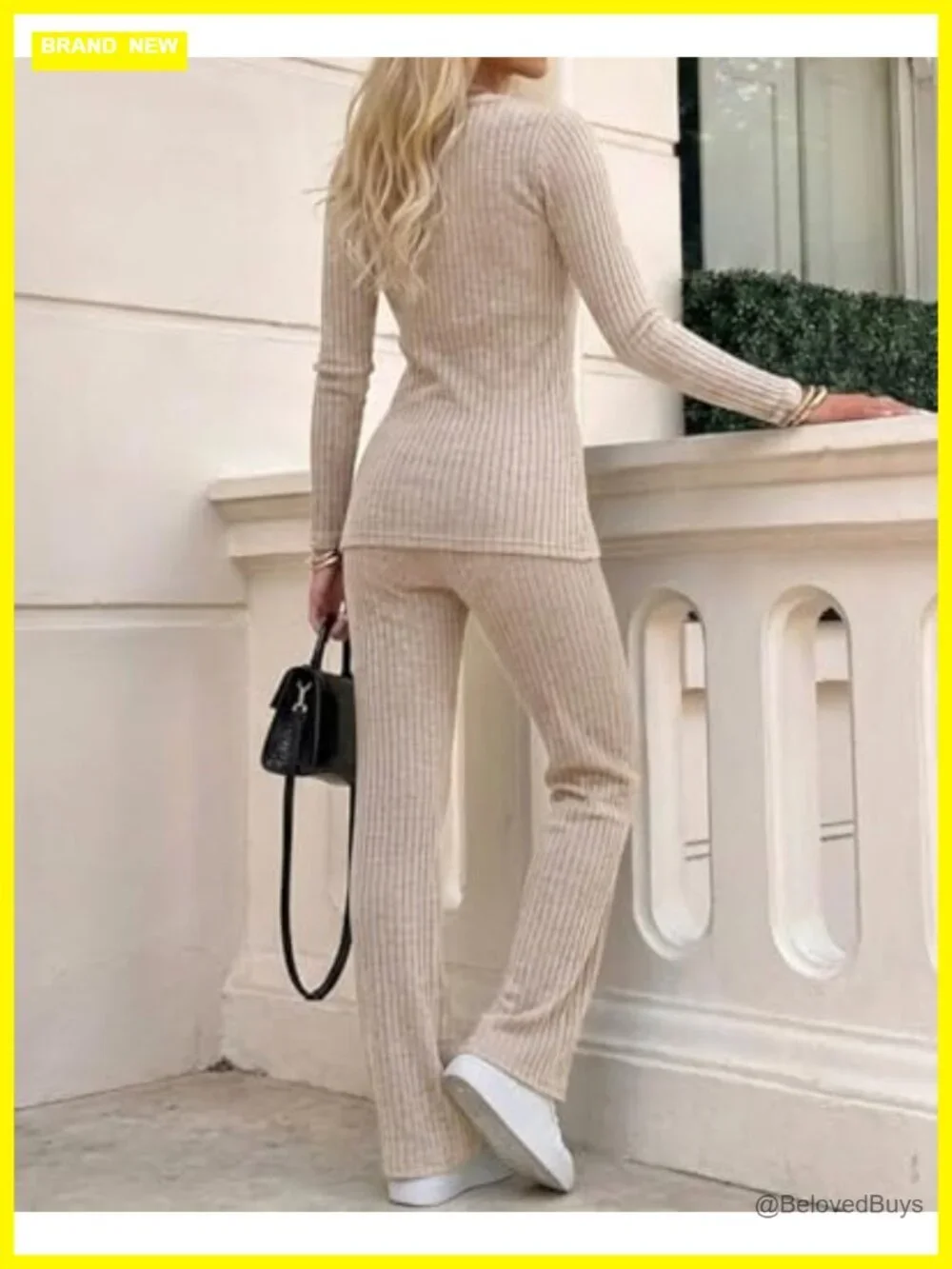 2 Piece Lounge Set - Knit Top & Wide Leg Pants - Pockets - Casual